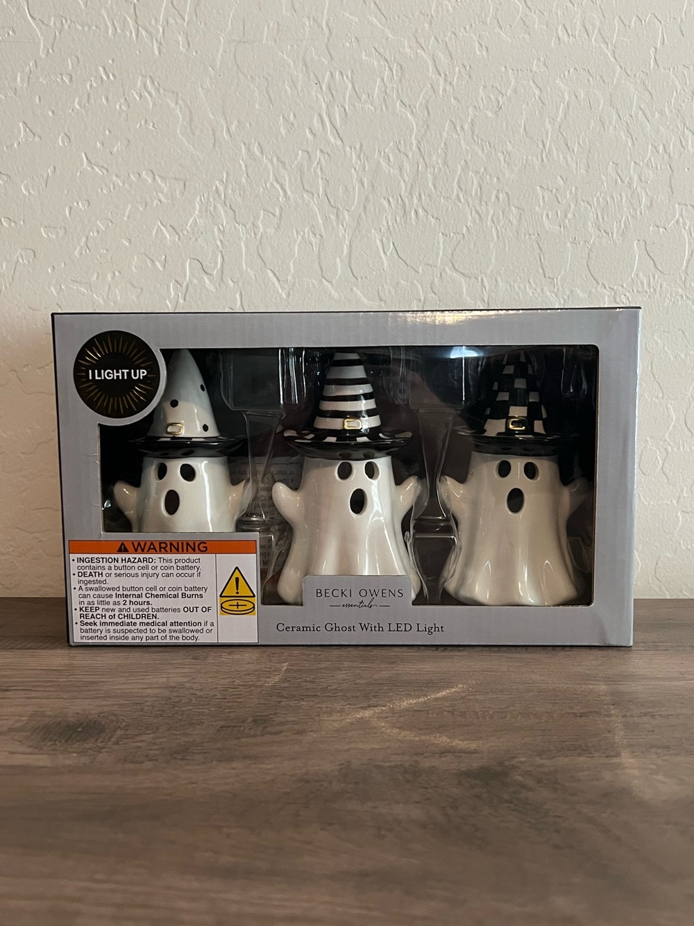 Becky Owen’s Checkered Striped Ceramic Ghost Trio w/ LED Light -Black & White